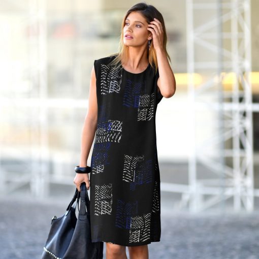 Rovné šaty s grafickým vzorem potisk černá/modrá  – Blancheporte