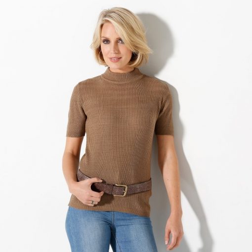 Žebrovaný pulovr s krátkými rukávy oříšková  – Blancheporte
