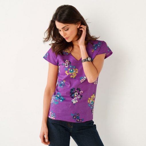 Tričko s potiskem květin a výstřihem do „V“ purpurová / – Blancheporte