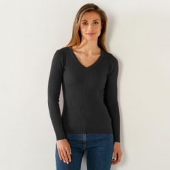 Žebrovaný pulovr s výstřihem do "V" černá / - Blancheporte