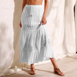 Dlouhá kreponová sukně s macramé bílá / - Blancheporte