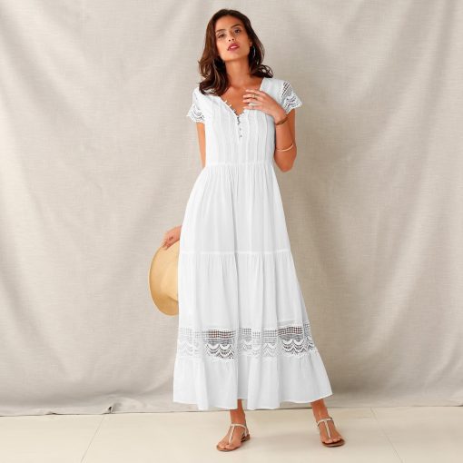 Dlouhé macramé šaty s volány bílá  – Blancheporte
