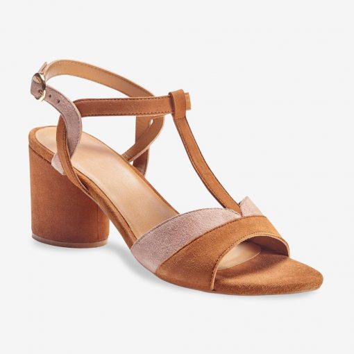 Dvoubarevné kožené sandály na podpatku béžová/růžová  – Blancheporte