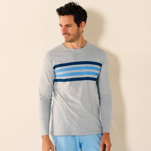 Pyžamové tričko s dlouhými rukávy a pruhy šedý melír / (S) – Blancheporte