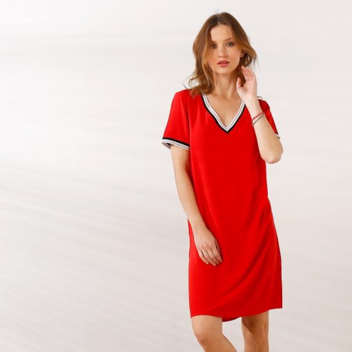 Jednobarevné červené šaty se sportovními pruhy červená / – Blancheporte