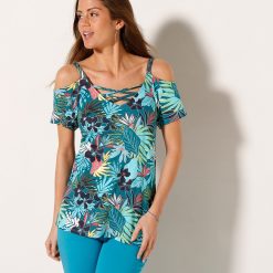 Tričko s odhalenými rameny a tropickým vzorem smaragdová/tyrkysová  - Blancheporte