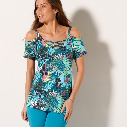 Tričko s odhalenými rameny a tropickým vzorem smaragdová/tyrkysová  – Blancheporte