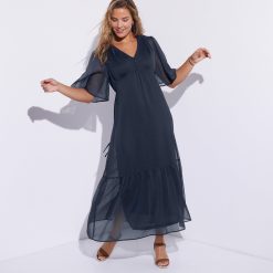 Jednobarevné dlouhé šaty indigo  - Blancheporte