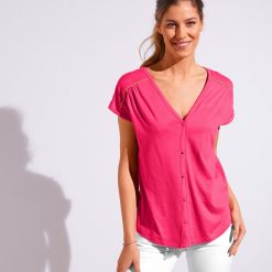 Jednobarevné tričko s knoflíky třešňová / - Blancheporte
