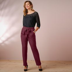 Jednobarevné kalhoty s páskem na zavázání švestková  - Blancheporte