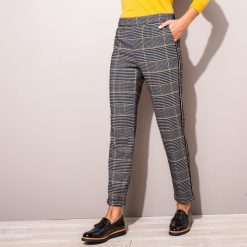 Kostkované kalhoty s kontrastními lampasy černá/hořčicová  - Blancheporte