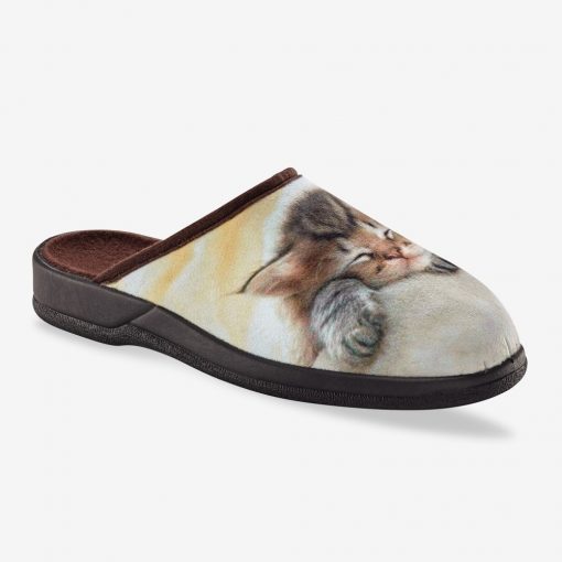Pantofle s motivem spícího koťátka béžová/kaštanová  – Blancheporte